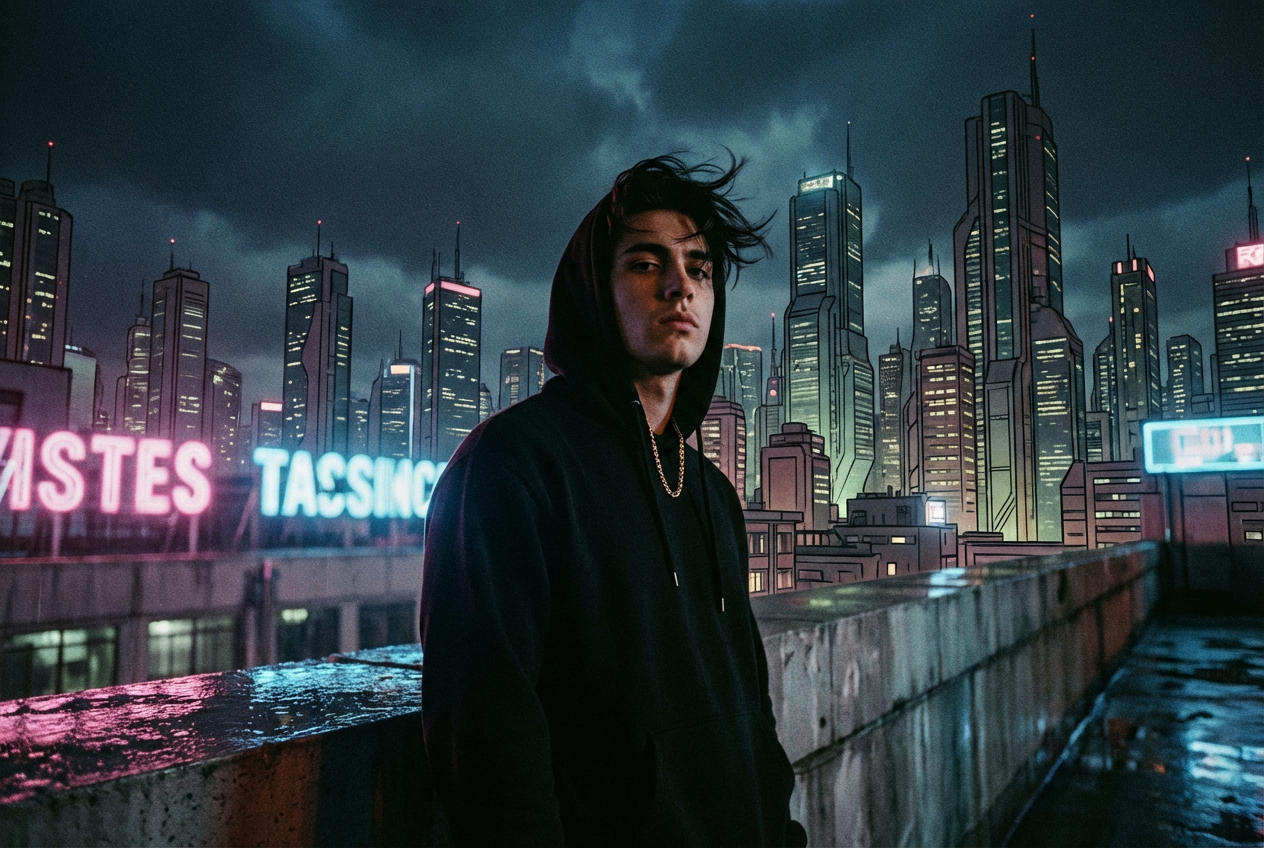 Anime-style AI music video frame of a hip-hop character in a neon cyberpunk city, dynamic pose