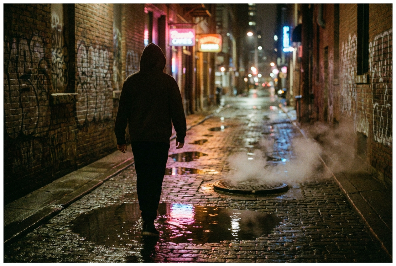 Cinematic AI-generated narrative hip-hop music video scene of a figure walking through rainy city streets at night