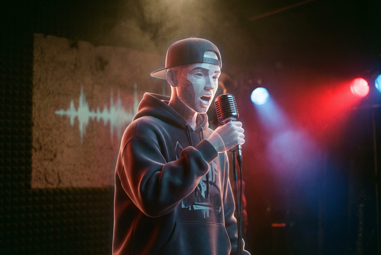 AI-generated virtual rapper performing with lip-sync, wearing streetwear in a dark studio with colored lights