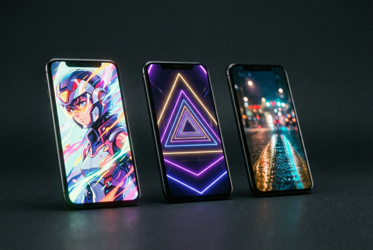 Split screen showing three phone screens side by side displaying different AI hip-hop music video styles — one with anime visuals, one with a neon visualizer, one with a cinematic city scene