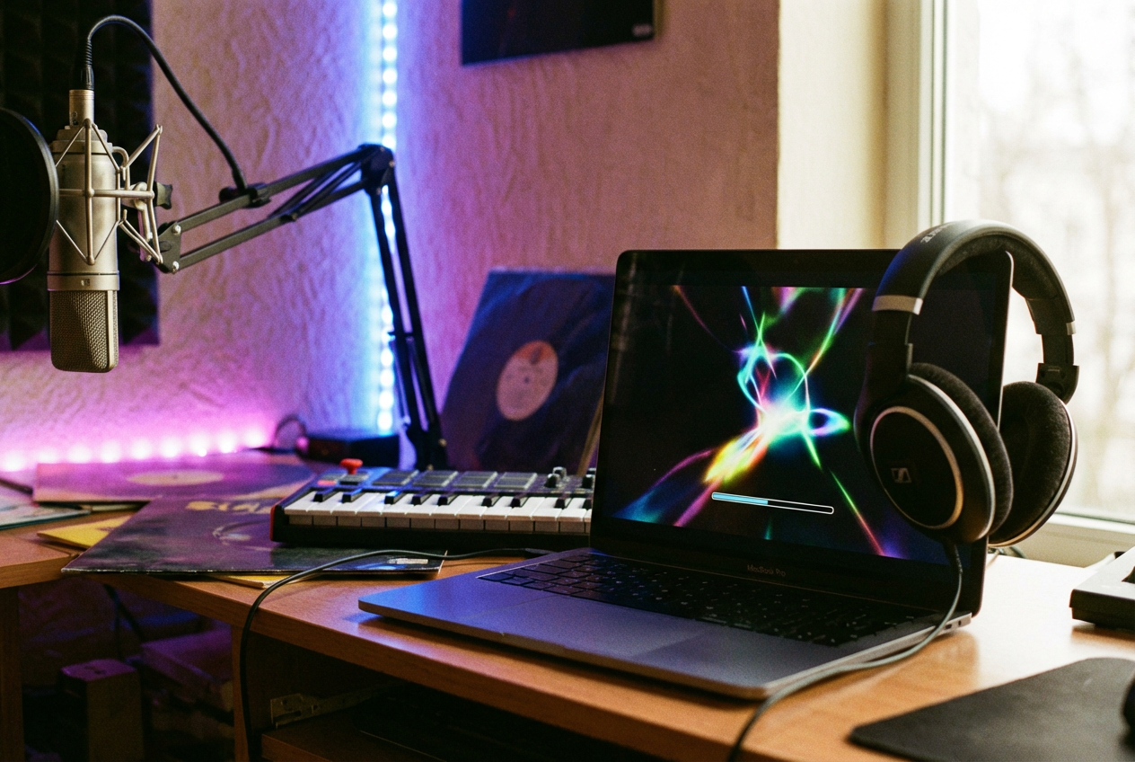 Behind-the-scenes of AI music video creation showing a laptop screen with AI video generation software, surrounded by headphones and a microphone in a home studio