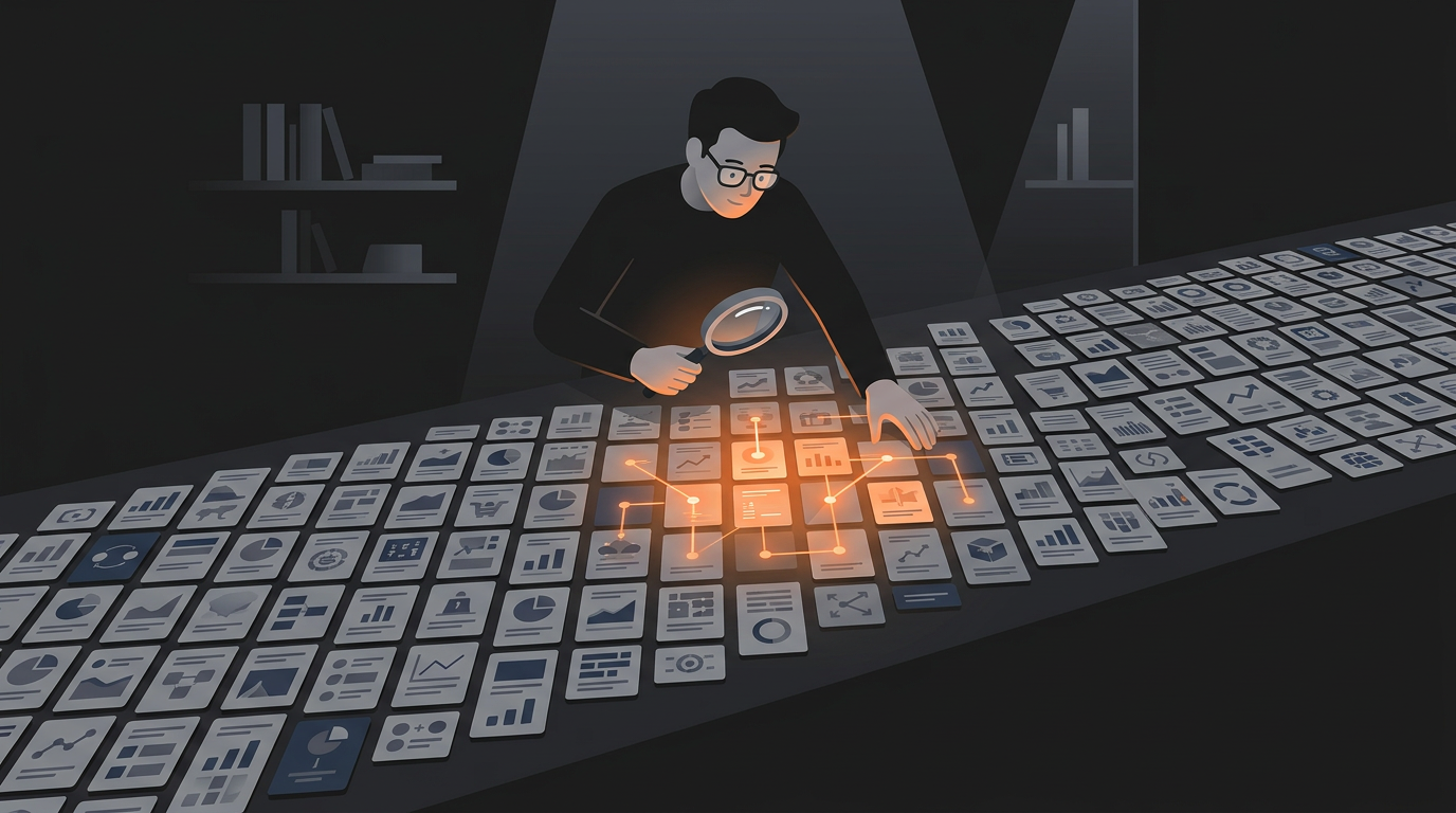 A person examining hundreds of small business models laid out like cards on a table, with a magnifying glass highlighting the winning patterns