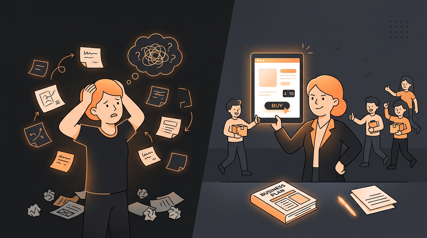 Split scene - left side shows a confused person with scattered sticky notes and no direction, right side shows the same person with a clear business plan and a launched product getting its first customers
