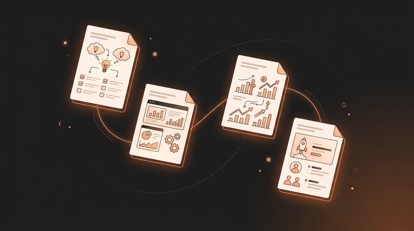 Floating documents showing an idea discovery worksheet, an AI-built MVP prototype, a revenue model blueprint, and a startup pitch deck arranged in a creative spiral