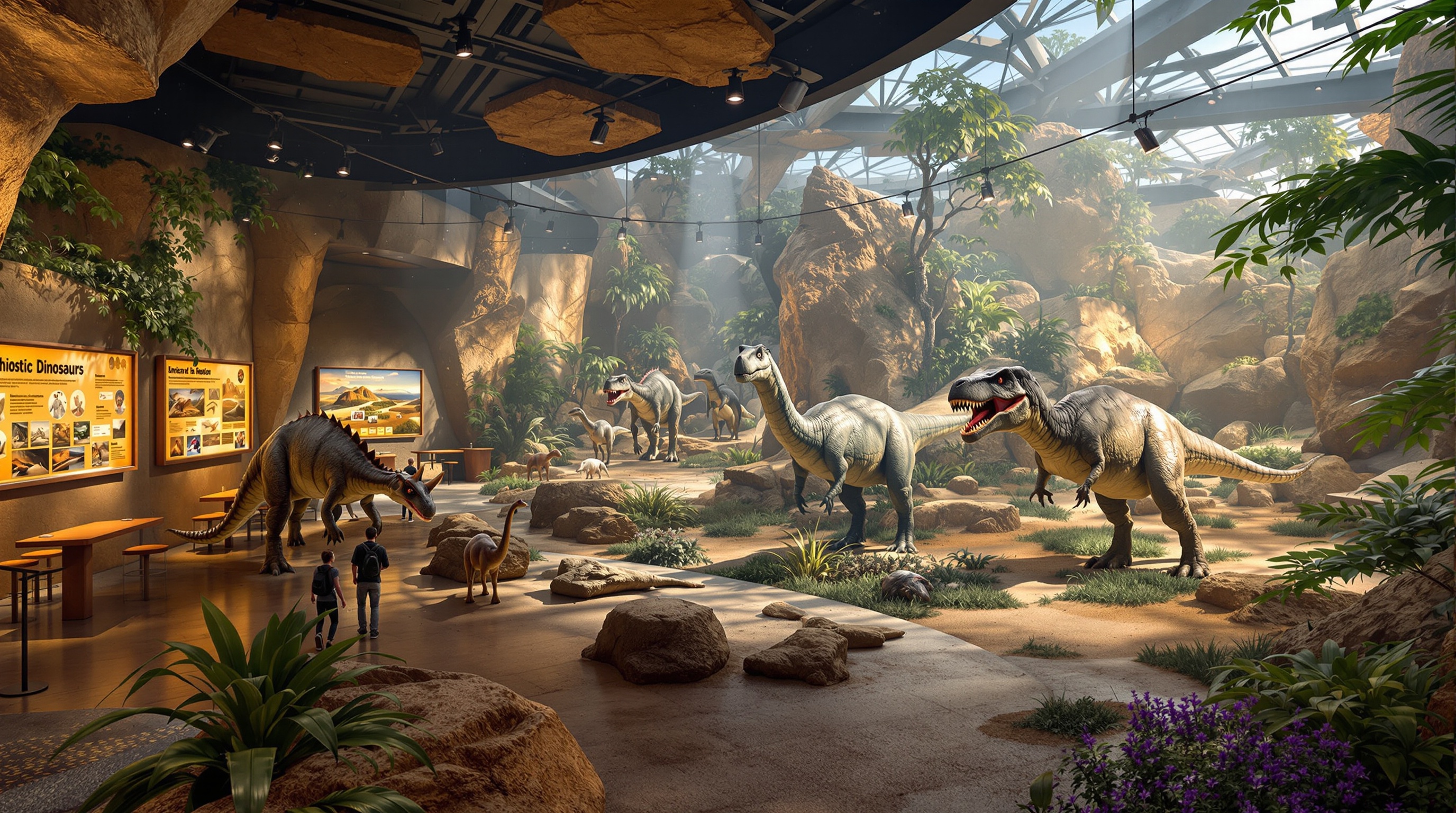 Un imponente Tiranosaurio Rex ruge en la selva del Dino VR Experience museo de dinosaurios.