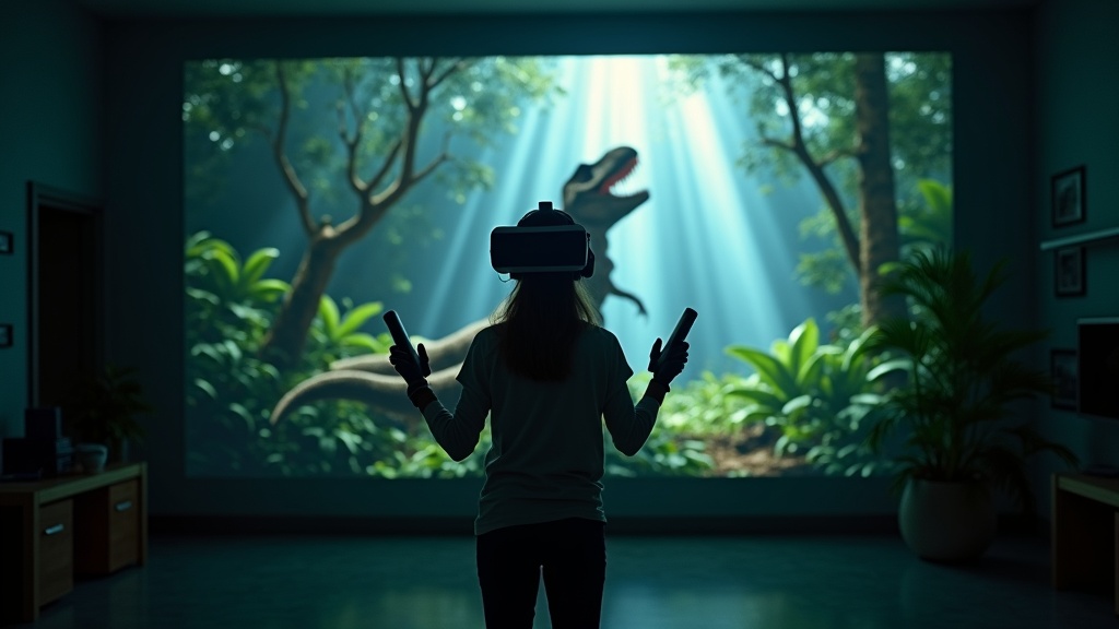 Un visitante explora el detallado HUB central en la experiencia VR de museo de dinosaurios.