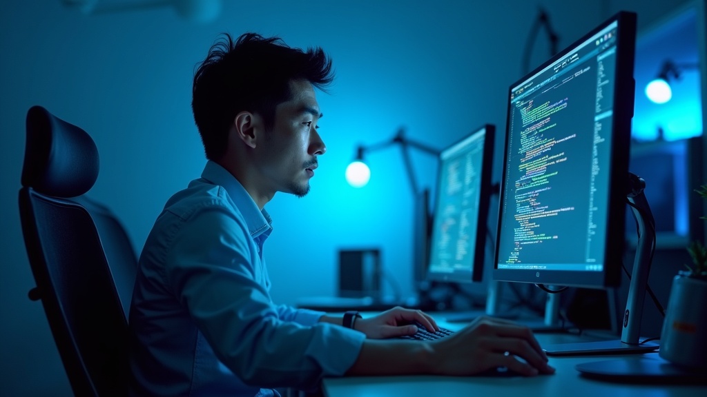 モダンなオフィスでコーディングするエンジニア