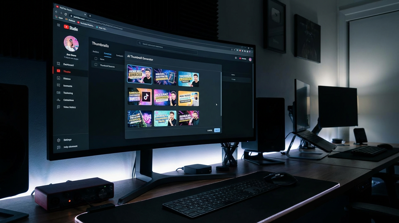 AI-powered YouTube thumbnail generator interface showing multiple thumbnail variations on a modern dark workspace
