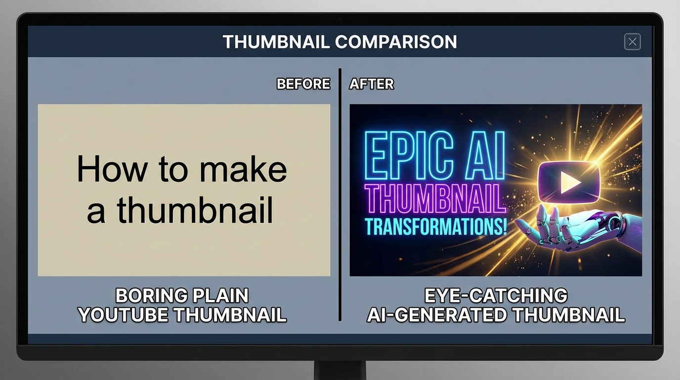 Before and after comparison of plain thumbnail versus AI-generated eye-catching thumbnail with dramatic lighting