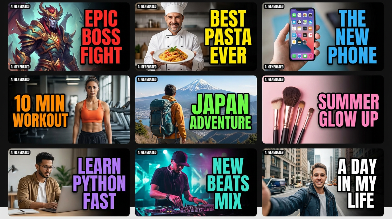 Grid of diverse YouTube thumbnail styles created by AI for gaming, cooking, tech, fitness, and more