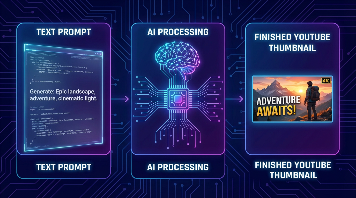 AI thumbnail creation process from text prompt to finished professional YouTube thumbnail