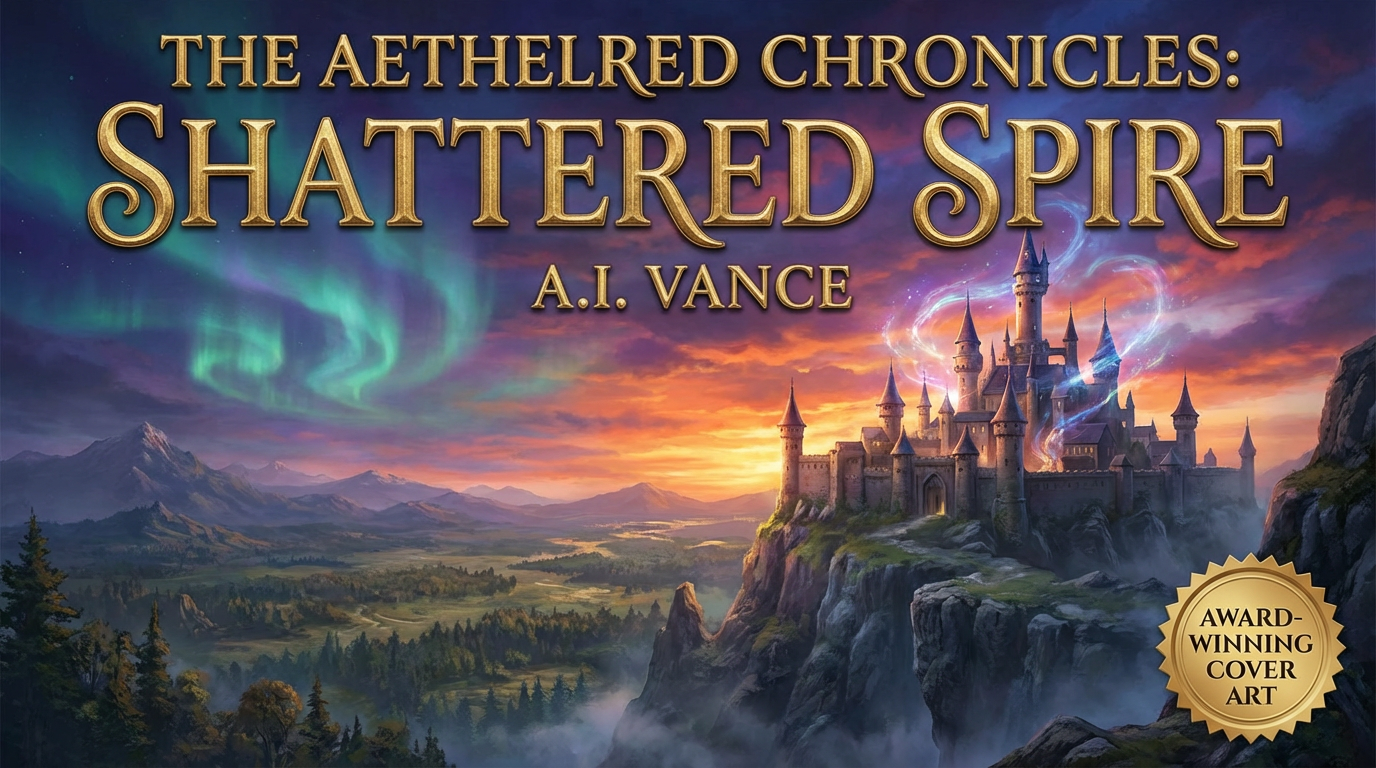Professional fantasy novel book cover designed by AI with a magical castle, dramatic lighting, and golden title text