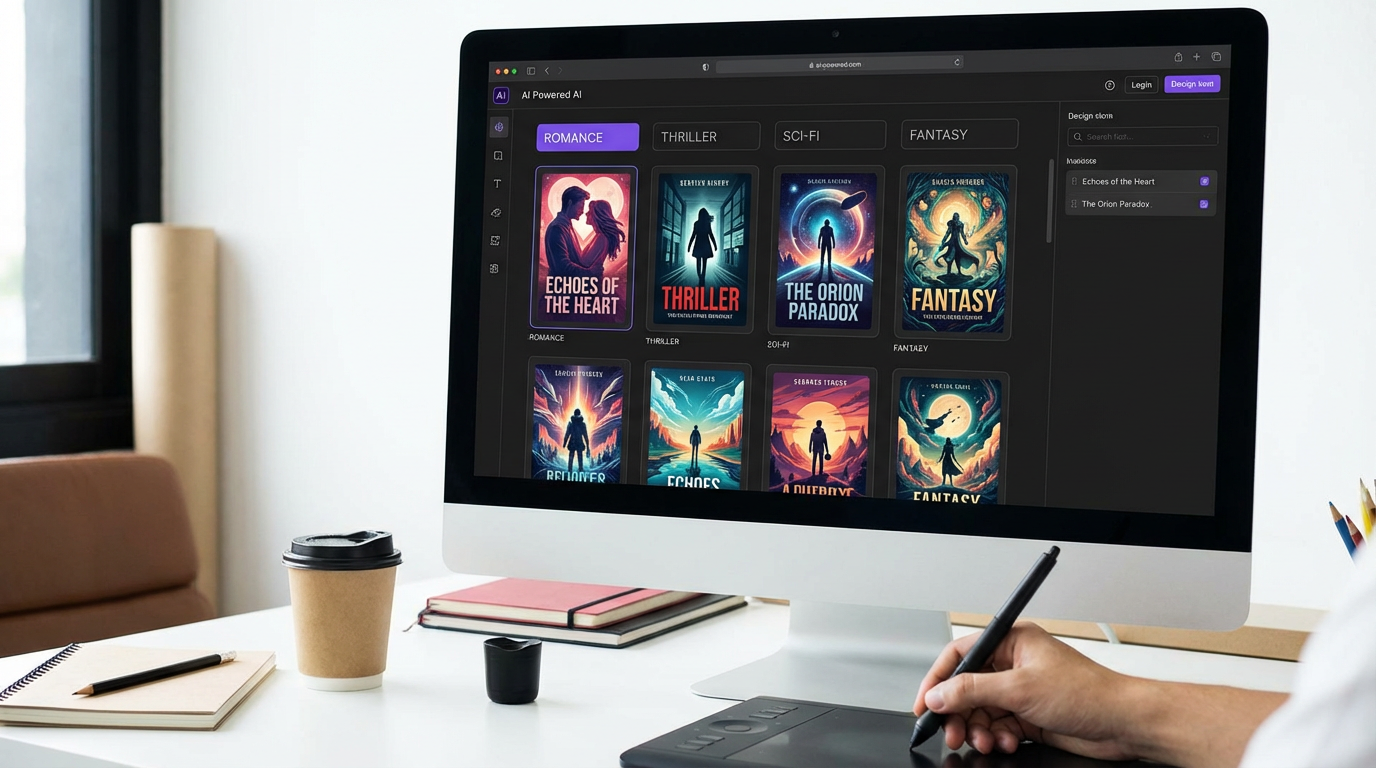AI book cover design workspace showing multiple cover variations for romance, thriller, sci-fi, and fantasy genres