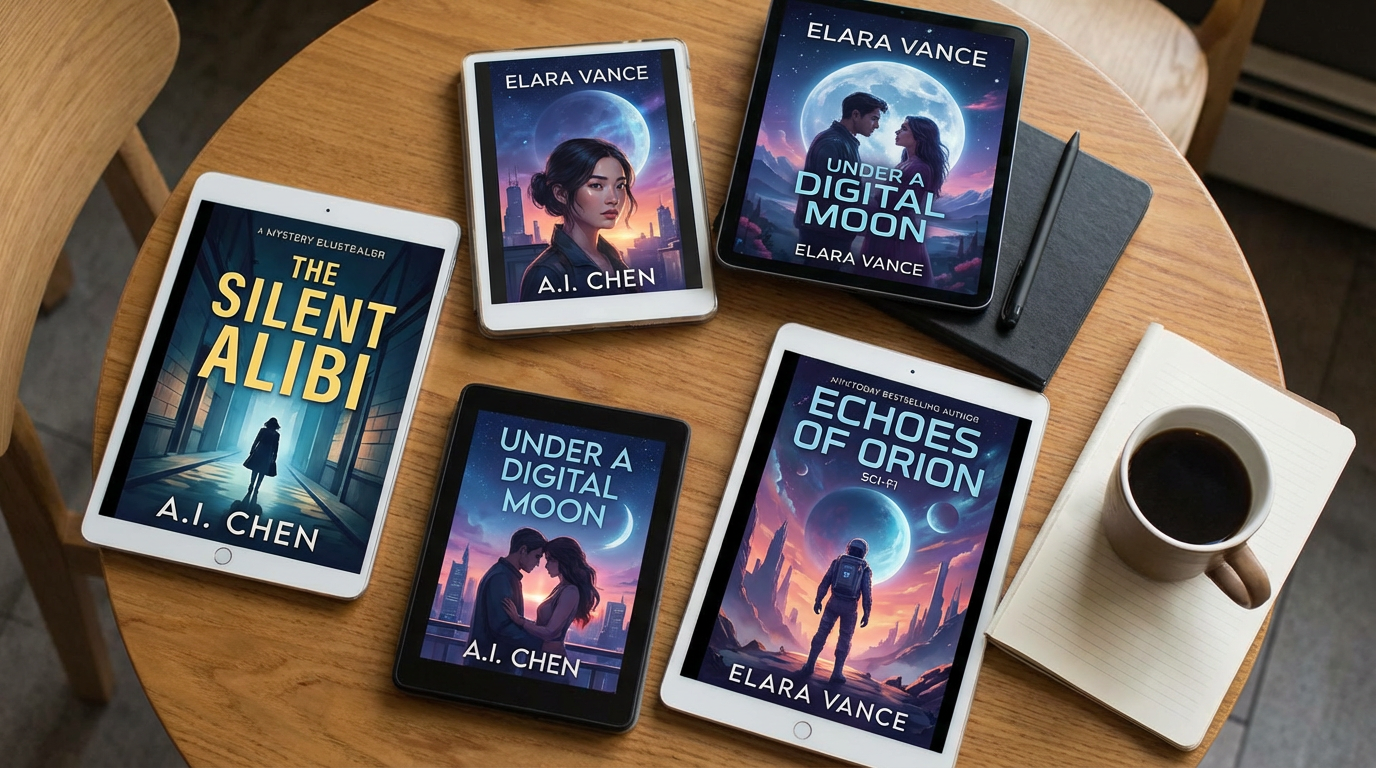 Collection of AI-generated book covers for self-published authors in mystery, romance, and sci-fi genres