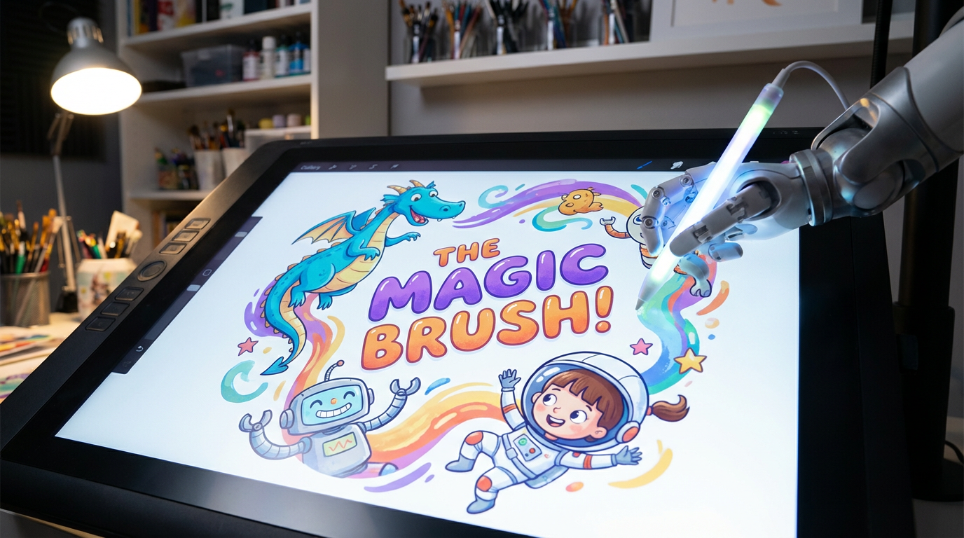 AI creating a children's book cover with colorful illustrated characters and whimsical typography