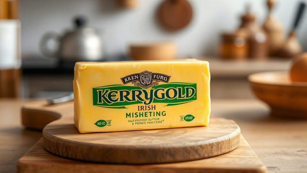 Close-up of golden Kerrygold Irish butter on a wooden cutting board