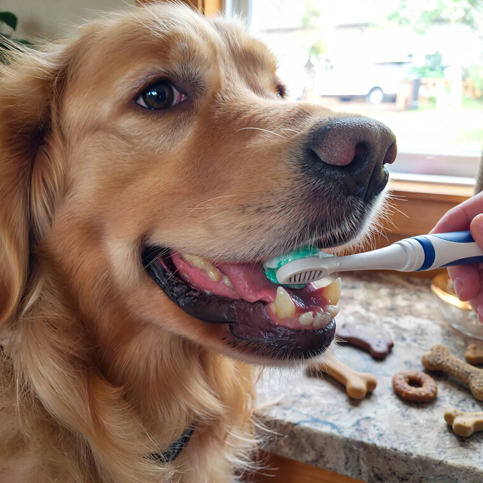Szczotkowanie zębów psa w domowym otoczeniu, z użyciem szczoteczki pod kątem 45°, podkreślające znaczenie higieny jamy ustnej.