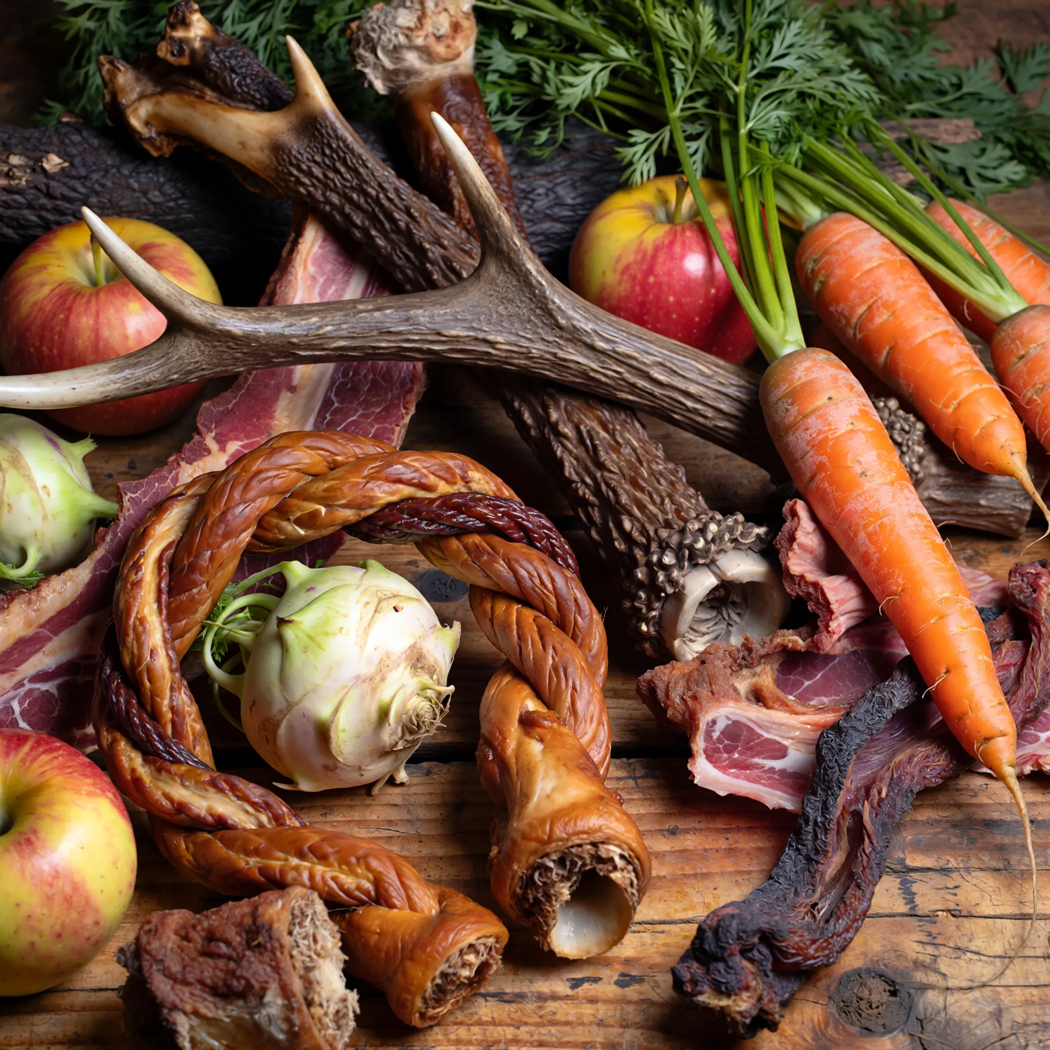 Naturalne gryzaki i przysmaki dla psów, w tym suszone mięso i warzywa, wspierające zdrowie jamy ustnej i usuwanie osadu.