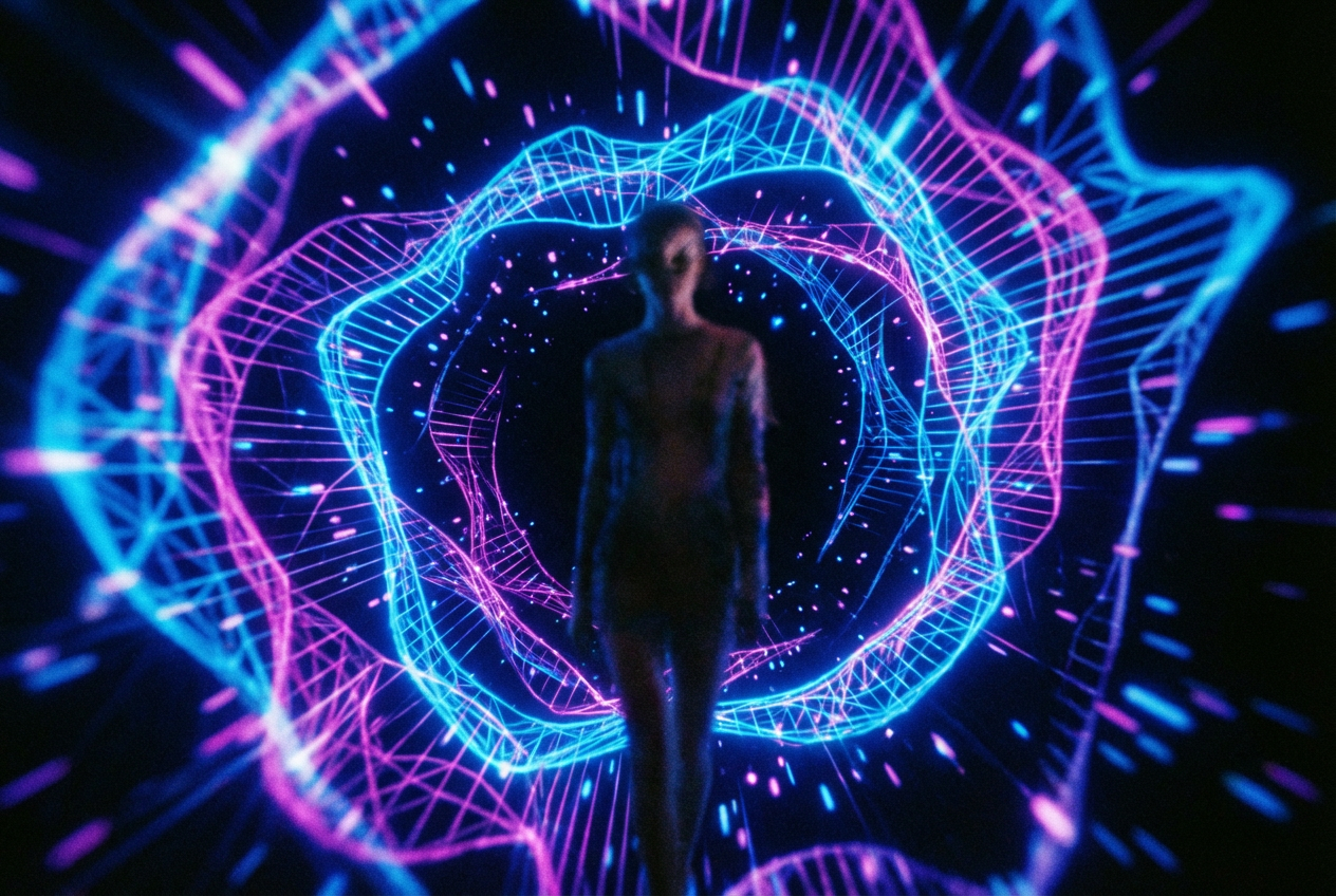 alt text: Neon-lit abstract fractal patterns pulsing to EDM beats