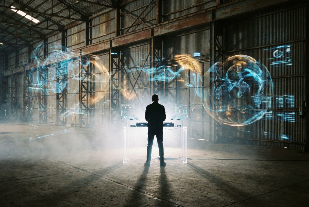 alt text: AI-generated sci-fi warehouse scene with a DJ performing