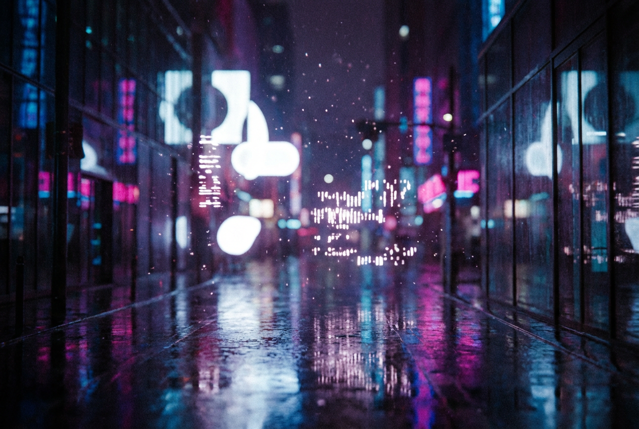 alt text: AI-generated EDM lyric video with glowing text over a neon cityscape