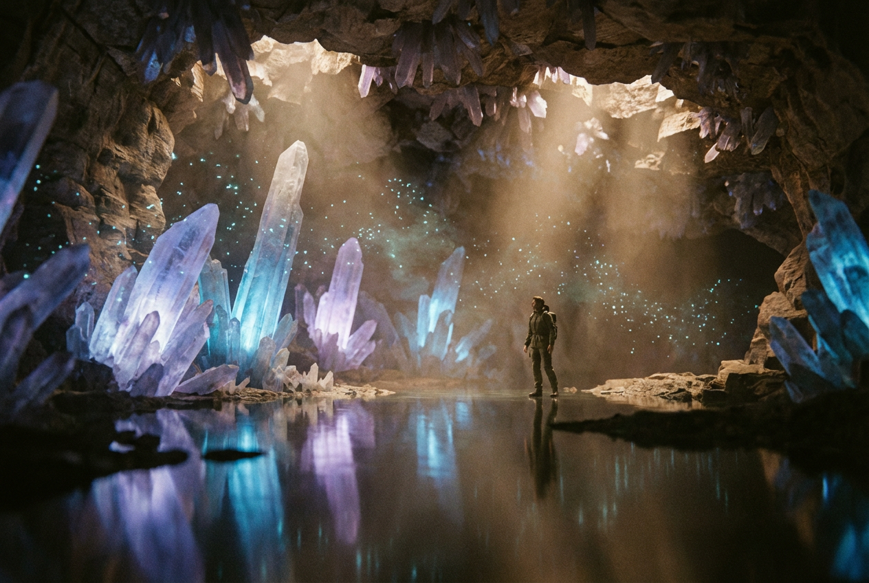 alt text: AI-generated 3D immersive crystal cave environment for EDM