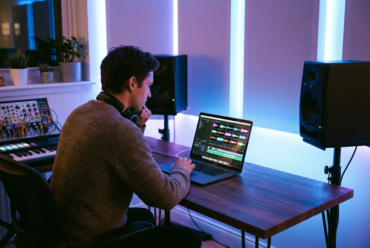 alt text: EDM producer using AI tools to create a music video on a laptop