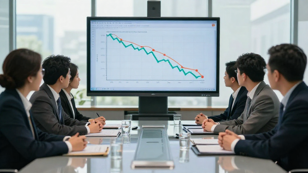 Boardroom discussion with declining profit graph on screen