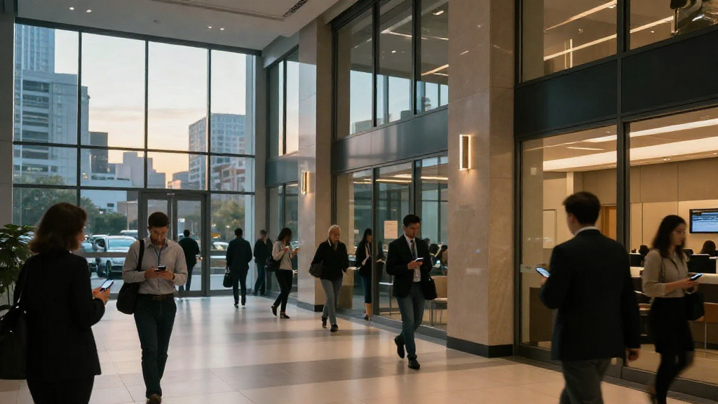 Bank lobby at dawn, commuters with smartphones, city skyline reflected in glass windows