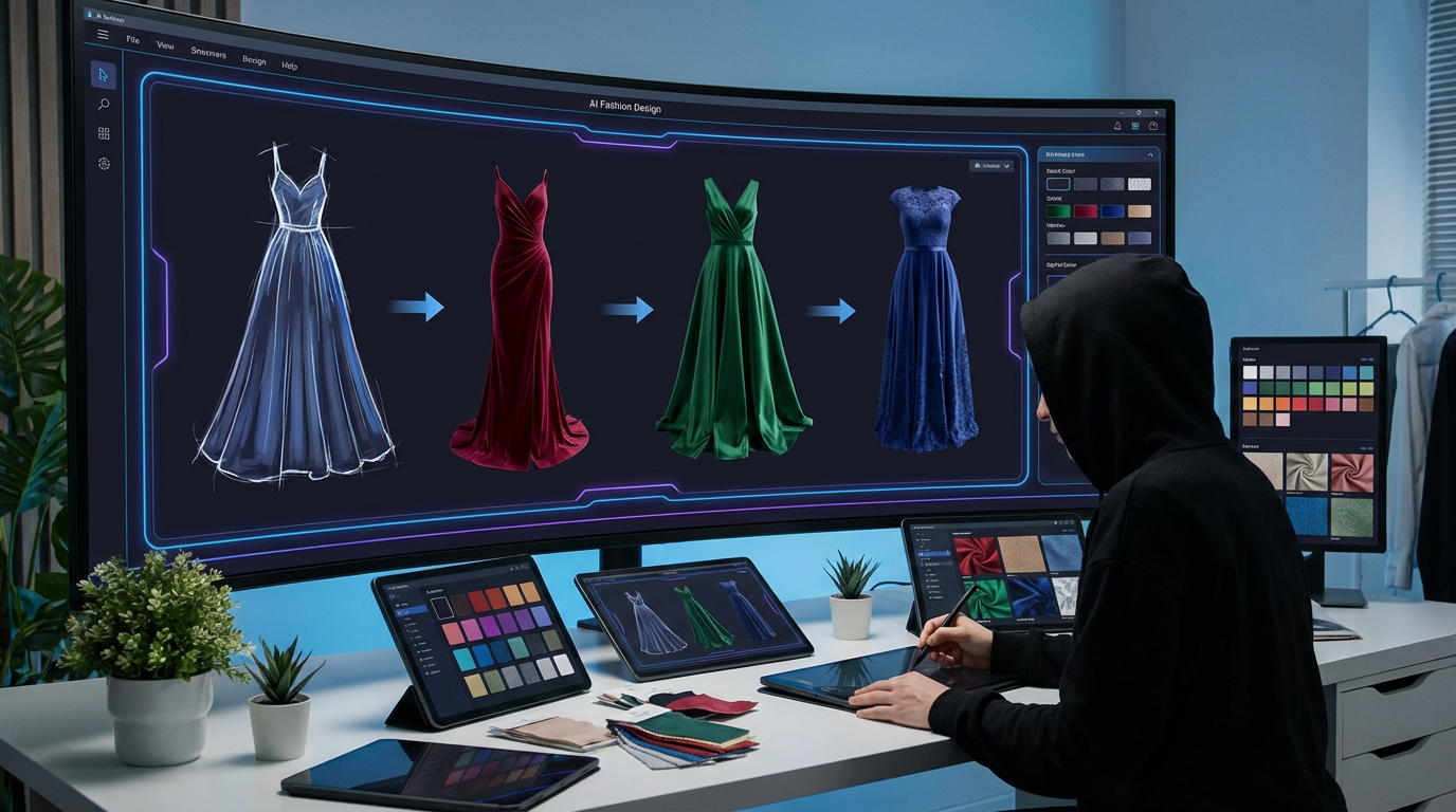 AI fashion design workspace showing clothing sketches transforming into photorealistic garment renders