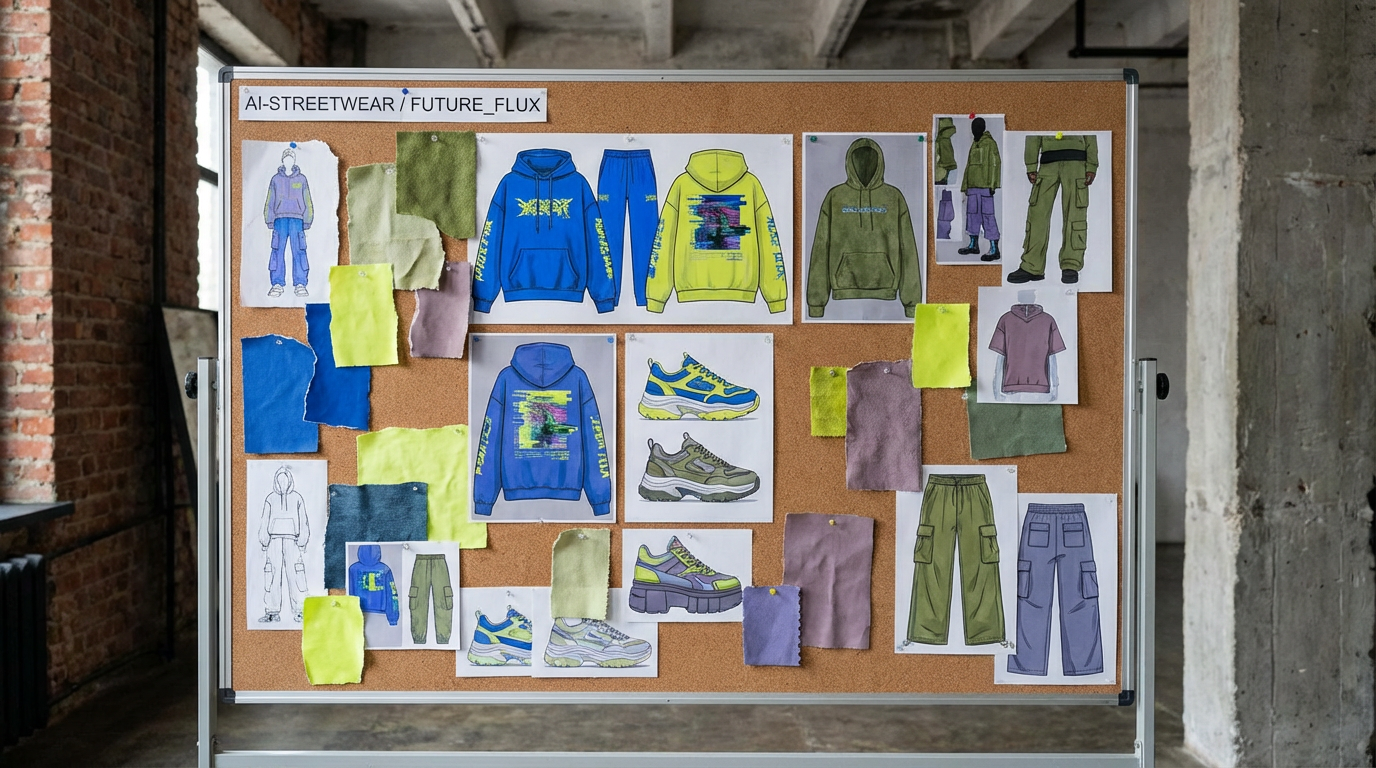 AI-generated streetwear collection with bold graphic hoodies and sneaker designs on a mood board