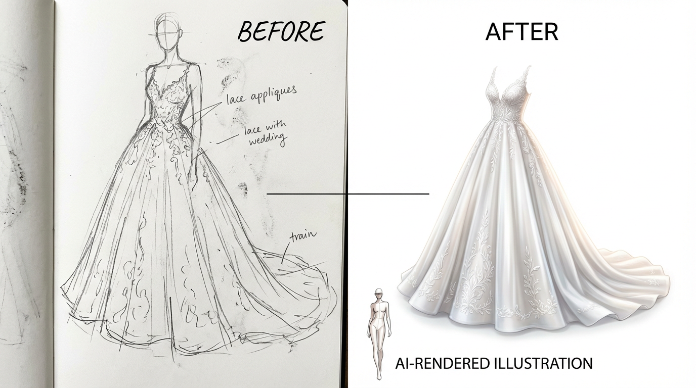 Before and after of rough fashion pencil sketch transforming into polished AI-rendered wedding dress illustration