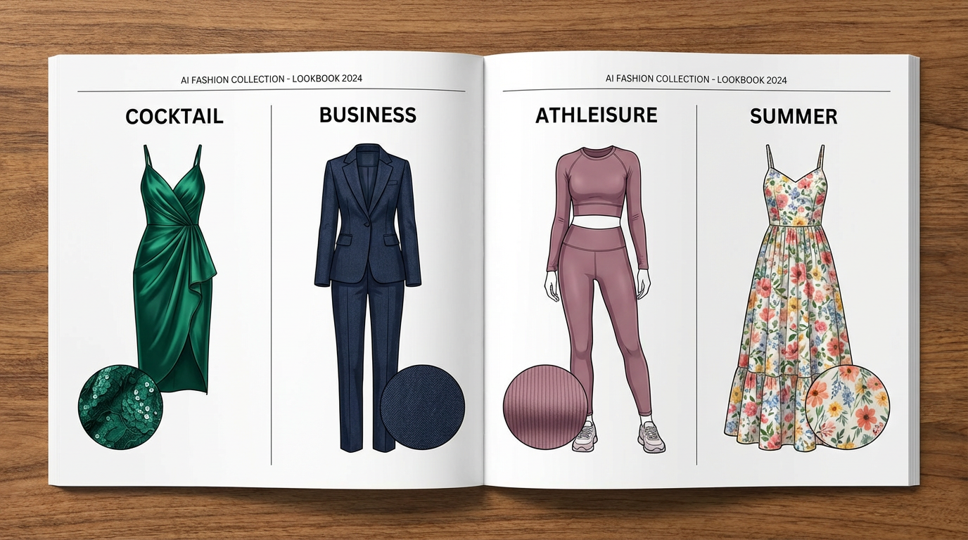 Collection of AI-generated fashion designs for different occasions arranged in lookbook format