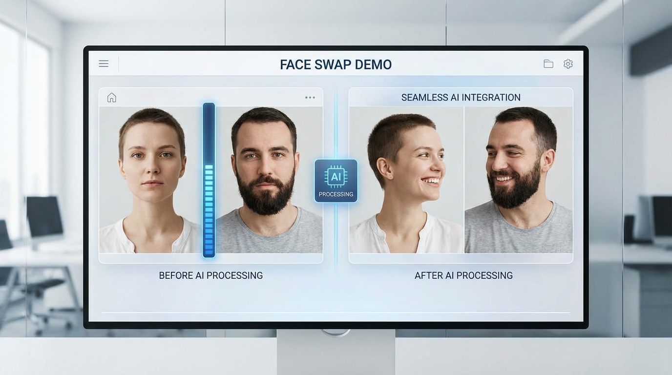 Professional face swap demonstration showing two people exchanging faces seamlessly with AI, split screen before and after comparison