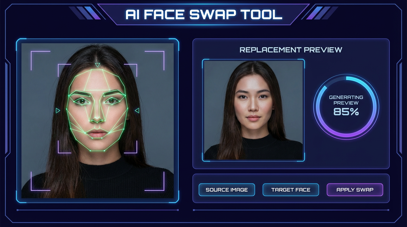 AI face swap tool interface showing a portrait photo with face detection markers and replacement preview