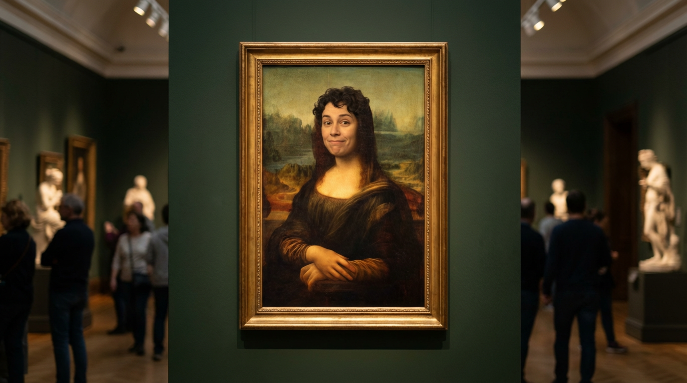 Creative face swap result showing a person's face placed onto a famous painting, artistic mashup with perfect blending