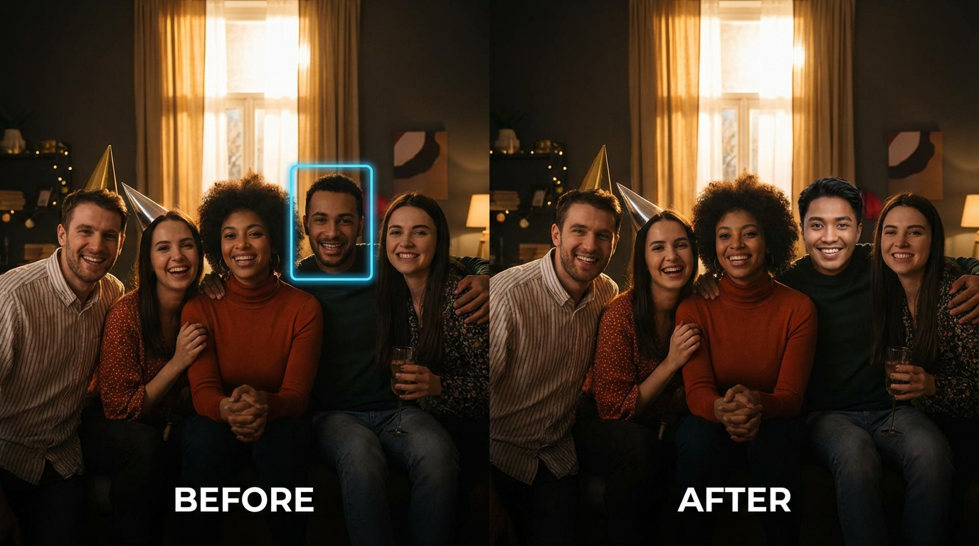 Group photo with one face being swapped using AI, showing seamless replacement with natural lighting