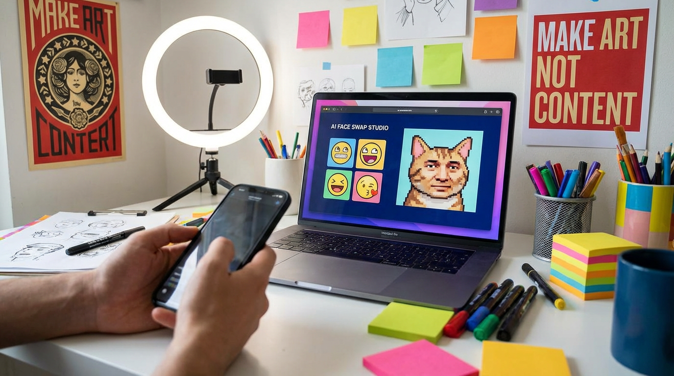 Social media content creator using AI face swap to create entertaining content on laptop