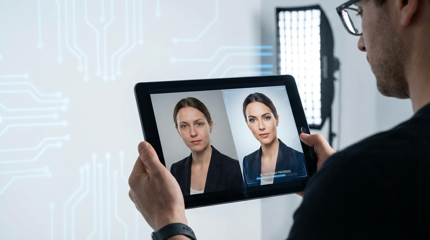 Professional headshot being refined with AI face swap technology with perfect skin blending