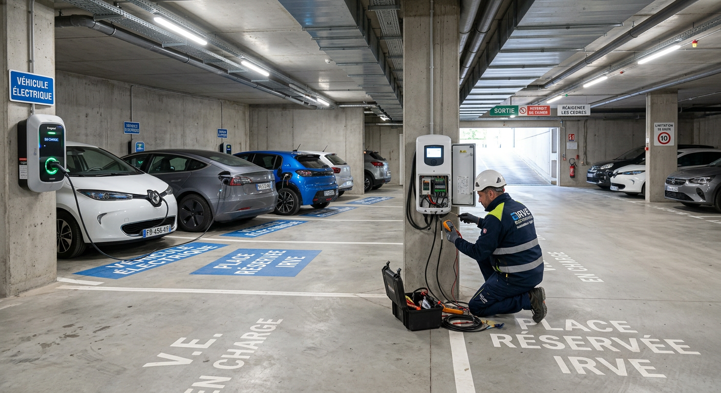 Borne de recharge électrique IRVE installée dans un parking souterrain de copropriété avec un technicien vérifiant les branchements
