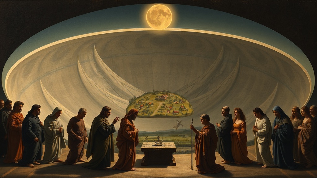 Allegorical tableau in a bowl-shaped impact basin, figures tending a sapling