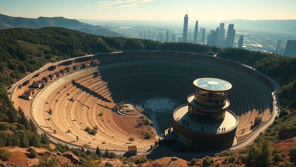 Photorealistic wide view of the bowl-shaped impact crater basin with town and observation pavilion