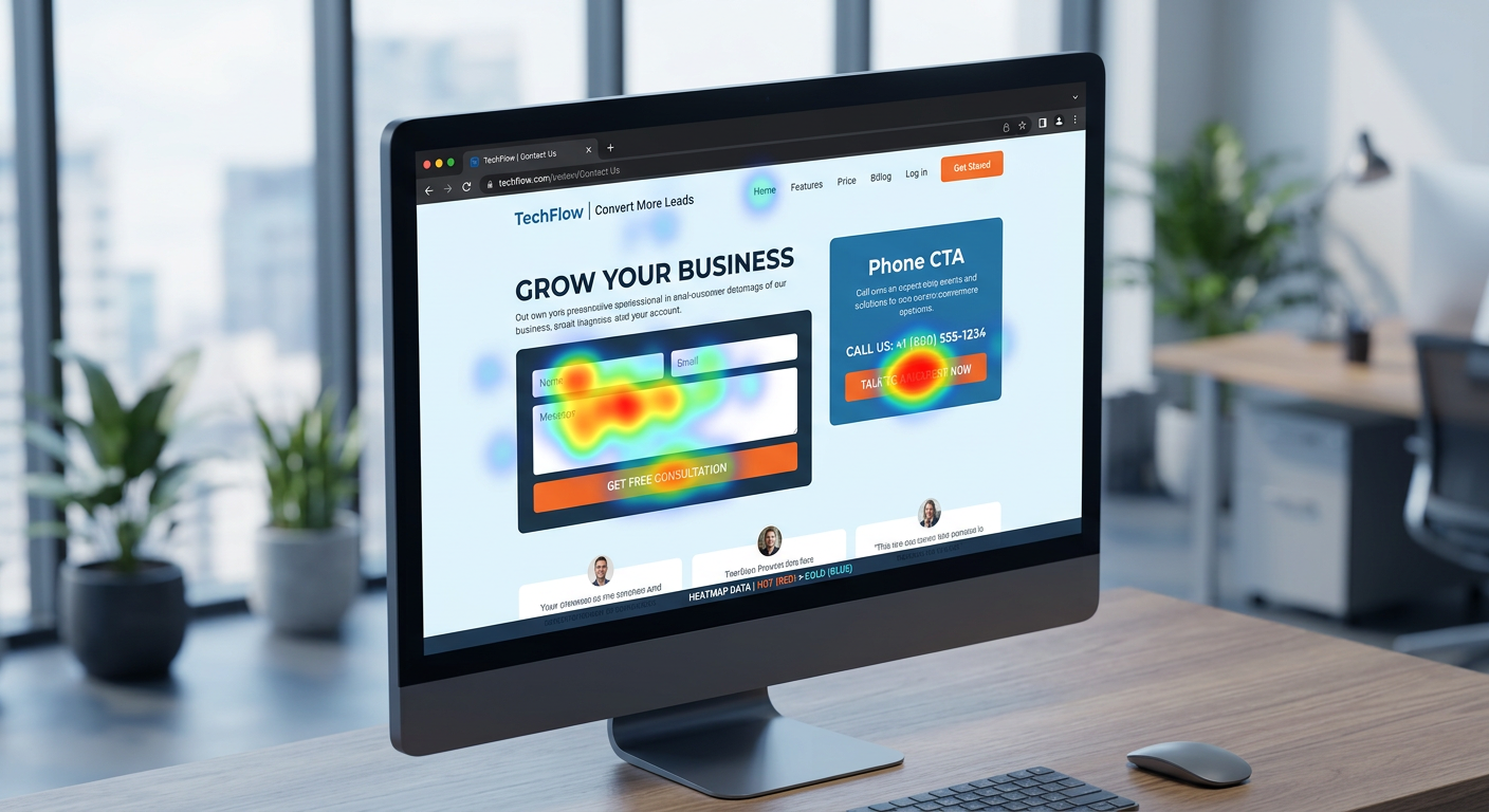 In-content image of a conversion heatmap overlay on a landing page, showing click concentration around a contact form and ...