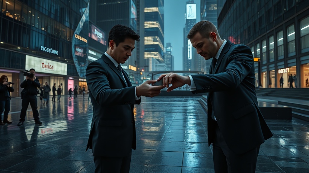 Cinematic exchange in urban plaza