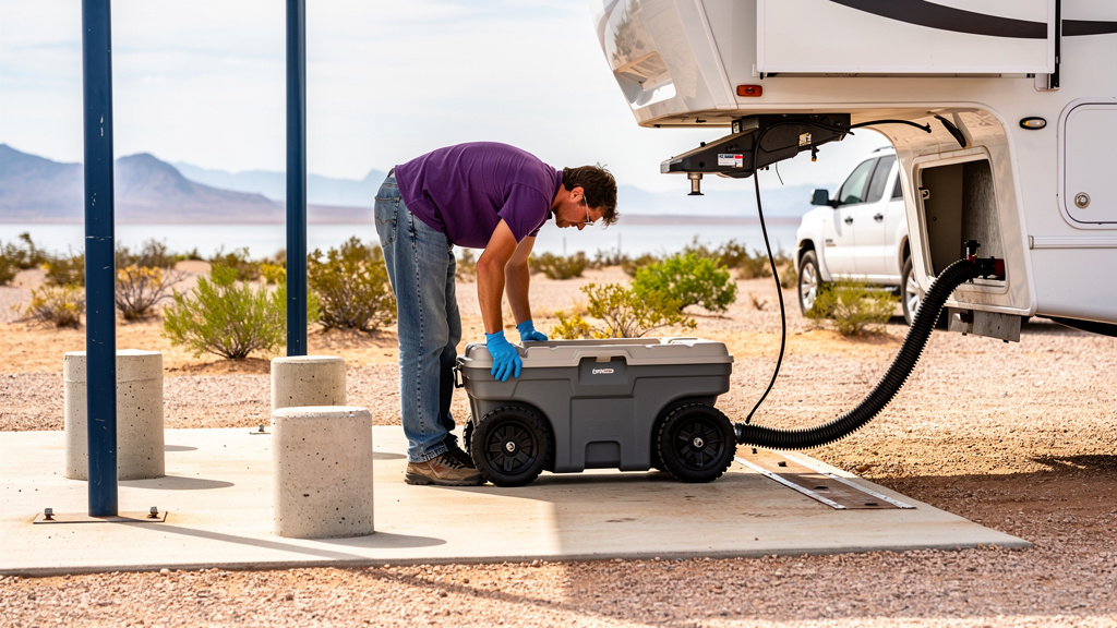 Person emptying portable gray water tank at RV dump station