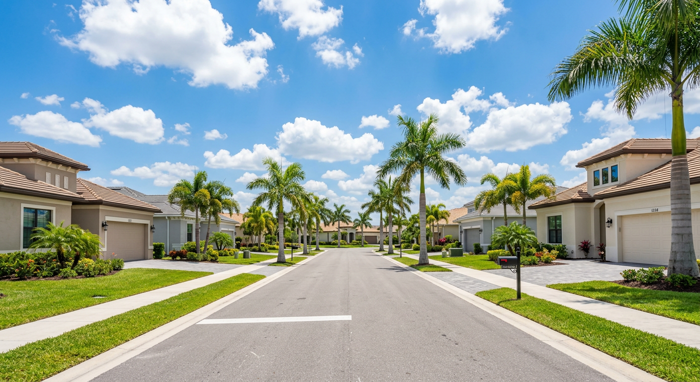 Beautiful neighborhood in Lehigh Acres Florida with palm trees and modern homes