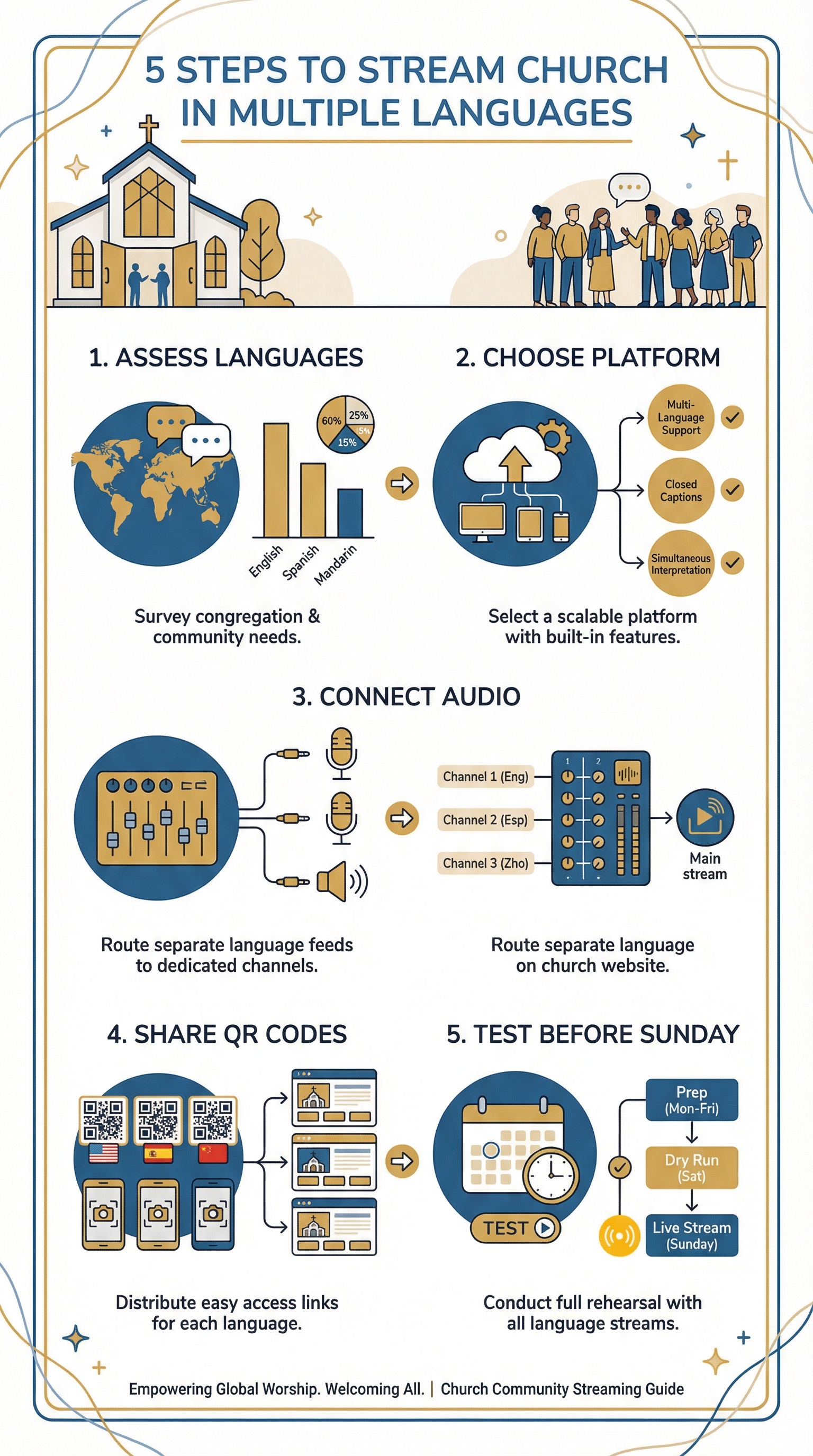 Infographic showing 5 steps to stream church services in multiple languages