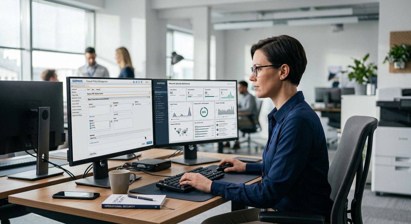 Photorealistic mid-shot of an IT administrator at a desk configuring security settings on a monitor, with a second screen ...