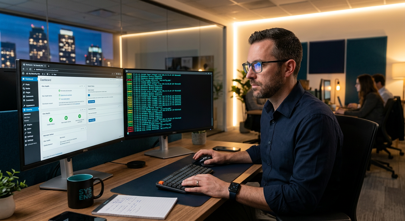 Close-up photorealistic scene of a systems engineer reviewing a WordPress admin screen and security logs on two monitors i...