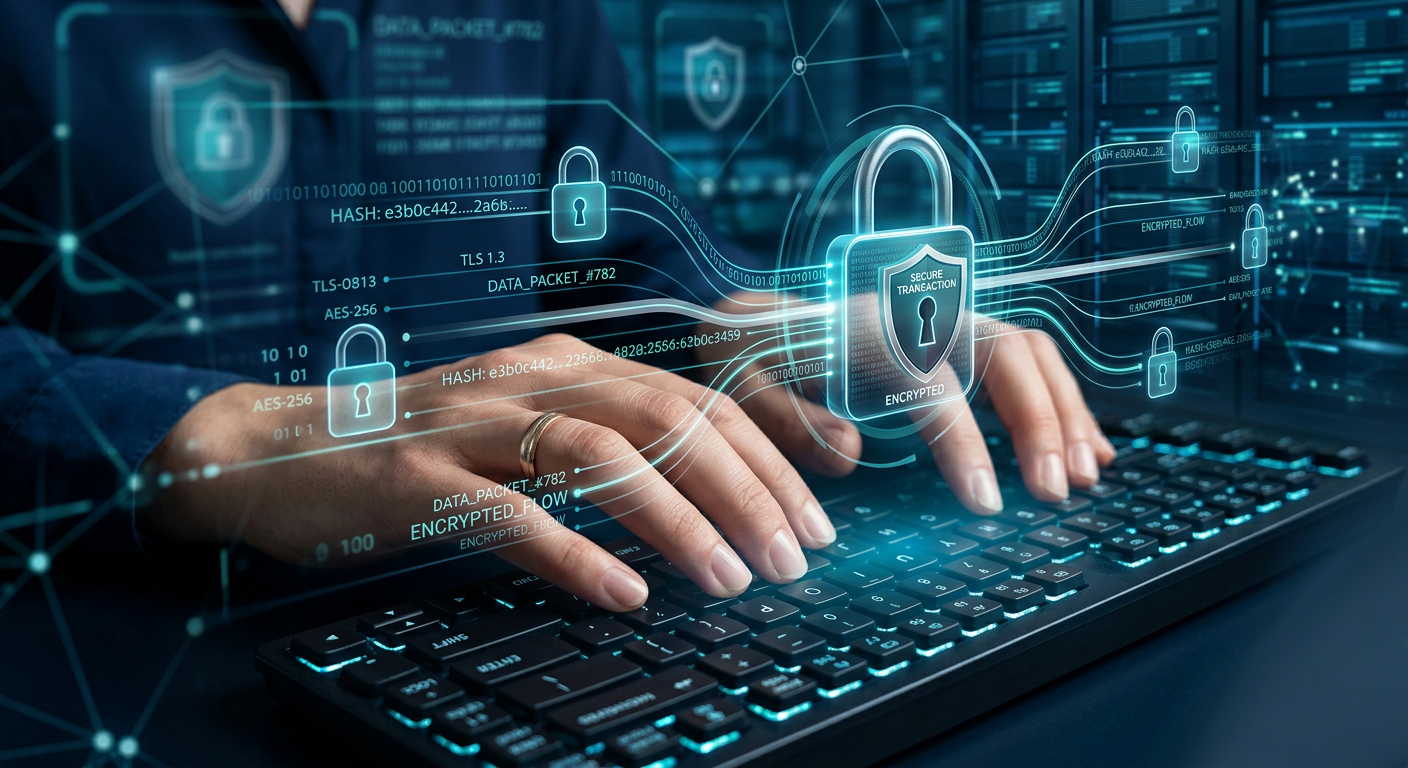 A conceptual illustrative image of layered security: photorealistic hands typing on a keyboard overlayed with translucent ...